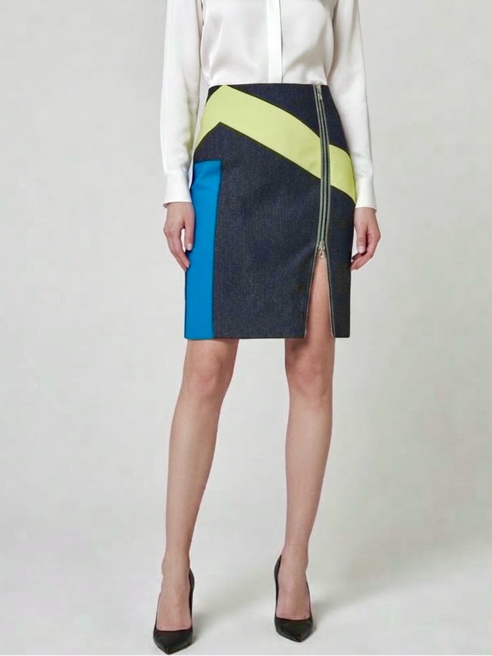 Per Se Carlisle Designer Mod Colorblock Wool Linen Silk Zip Front Pencil Skirt 8